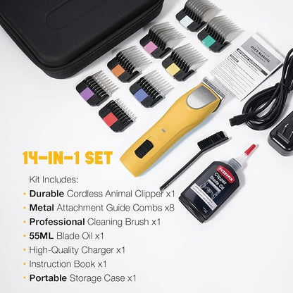 Professional Dog Clippers for Grooming, 2 Speed Pet Grooming Kit for Thick Curly Matted Coats, Low Noise Heavy Duty Cordless Hair Trimmer with Detachable Metal Blade