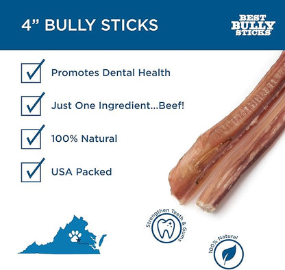Best Bully Sticks 4 Inch Bully Sticks - 8 oz (Pack of 1) - Natural Grass-Fed, Grain and Rawhide Free, Ideal for Small or Young Canines