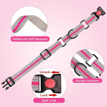 Martingale Collar for Dogs,Soft Neoprene Padded Reflective Martingale Collar and Leash Set Safety Buckle Nylon Martingale Collar for Small Dogs(Hotpink&S)