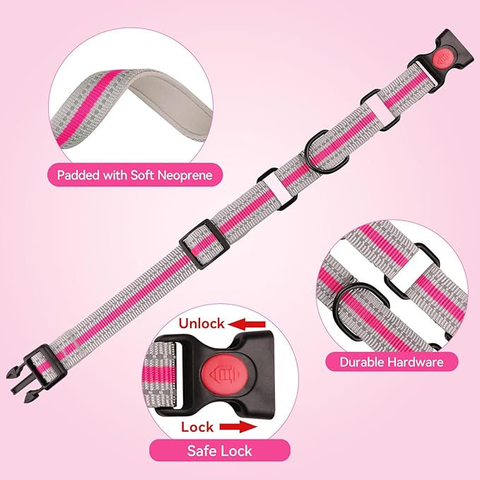 Martingale Collar for Dogs,Soft Neoprene Padded Reflective Martingale Collar and Leash Set Safety Buckle Nylon Martingale Collar for Puppy(Hotpink&XS)