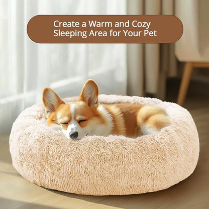 JOLLYVOGUE Calming Dog Bed Large Size Dog, Anti-Anxiety Donut Large Pet Bed, 36 inches Fluffy Faux Fur Round Cat Bed, Fits up to 75 lbs Pets (Off White)