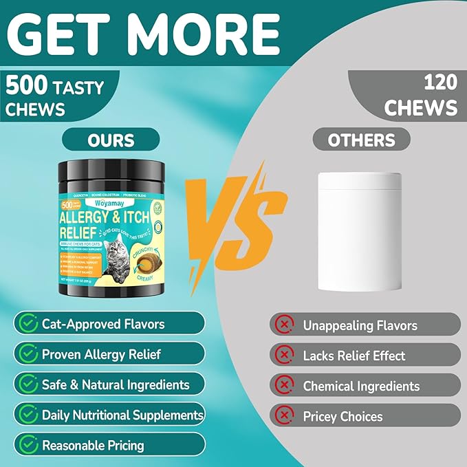 Woyamay Cat Allergy Relief for Cats, 500 Crunchy & Creamy Anti-Itch and Immunity Chews for Itchy Skin, Paws, Eyes, Ears| Stop Licking & Scratching, Supports Seasonal Itching, Chicken Flavor