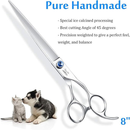 JASON 8" Straight Dog Grooming Scissors Long Pets Grooming Shears Premium Cats Trimming Kit with Offset Handle and a Jewelled Screw Sharp Comfortable Christmas Gift