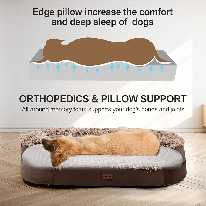 iweepet Orthopedic Dog Beds for Extra Large Dogs, 44" x32.6" x7.6" Supportive Dog Sofa Bed with 28D Egg-Crate Foam, Removable Washable Cover, Waterproof Lining, for Puppy,Senior,Sick,Brown