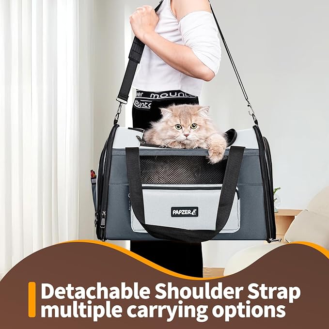 PAPZER Collapsible Small Pet Carrier for Cat 15 lbs with Fashion Pocket, Lightweight Sturdy Travel Carry Bag Little Puppy Dog, Breathable Stylish Kitten Soft Cage Kennel, 17.7x11.0x11.8 Inch Grey