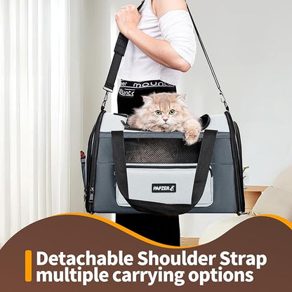 PAPZER Collapsible Small Pet Carrier for Cat 15 lbs with Fashion Pocket, Lightweight Sturdy Travel Carry Bag Little Puppy Dog, Breathable Stylish Kitten Soft Cage Kennel, 17.7x11.0x11.8 Inch Grey