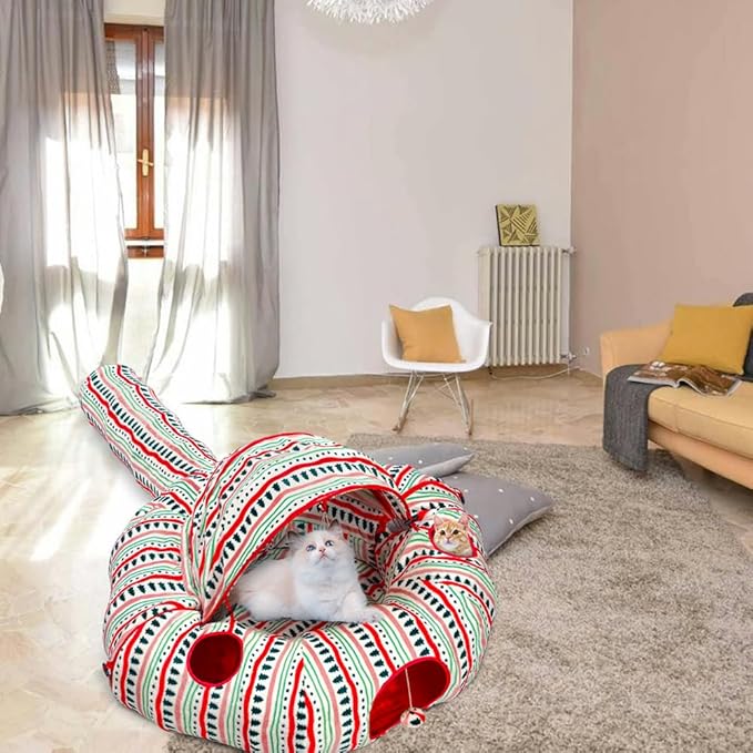OUHOU Cat Tunnel Bed for Indoor Cats, Soft Plush Peekaboo Cat Cave Donut Tunnel, Multifunctional Cat Playground Toys Hideplace for Small Medium Large Cats, Kittens, Rabbit, Ferret (Red)