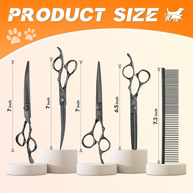 JASON Dog Grooming Scissors Set Professional 6 in 1 Dog Shears Kit - 6.5" Thinning, 7" Straight, 7" Up-Curved, 7" Down-curved Shears and Comb for Dog Cat Pet with Adjustable Screw (Black) Christmas