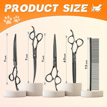 JASON Dog Grooming Scissors Set Professional 6 in 1 Dog Shears Kit - 6.5" Thinning, 7" Straight, 7" Up-Curved, 7" Down-curved Shears and Comb for Dog Cat Pet with Adjustable Screw (Black) Christmas