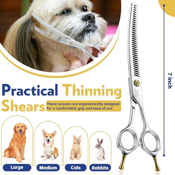 JASON Dog Shears for Grooming - 7" Up-curved Thinning Scissors with 55%-60% Thinning Rate, Japanese 440C Stainless Steel Dog Grooming Blenders with Adjustable Screw (35 Teeth, Silver) Christmas Gift