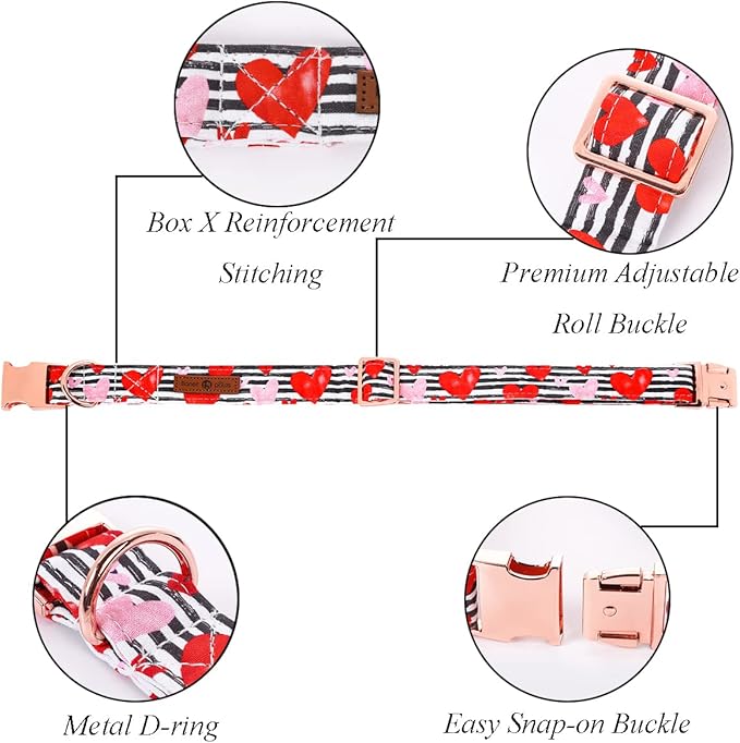 Lionet Paws Valentines Dog Collar with Bowtie, Dog Bowtie Collar with Metal Buckle for Dogs, Adjustable Comfortable Dogs Collars Girl Boy Hearts, S, Neck 10-16 in