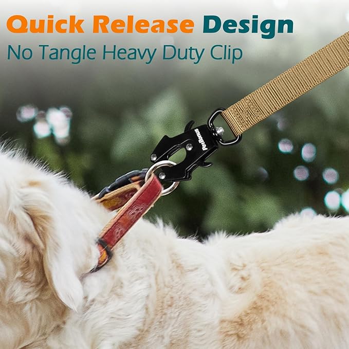 PetBonus Heavy Duty Tactical Dog Leash, 5 FT Bungee Shock Absorption Leash with 2 Padded Handles, Quick Release Metal Clip, Car Seatbelt, No Pull Training Lead for Large Medium Dogs（Khaki）
