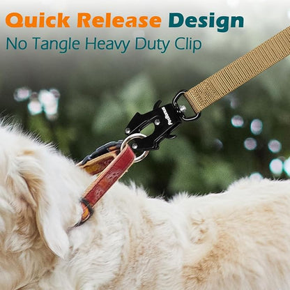 PetBonus Heavy Duty Tactical Dog Leash, 5 FT Bungee Shock Absorption Leash with 2 Padded Handles, Quick Release Metal Clip, Car Seatbelt, No Pull Training Lead for Large Medium Dogs（Khaki）