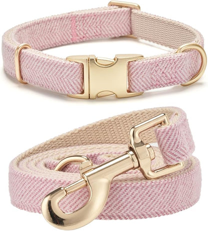 Ewinoom Soft Hemp Dog Collar and Leash Set Adjustable Woven Tweed Dog Collars with Metal Buckle and Lead for Small Medium Large Dogs,Pink