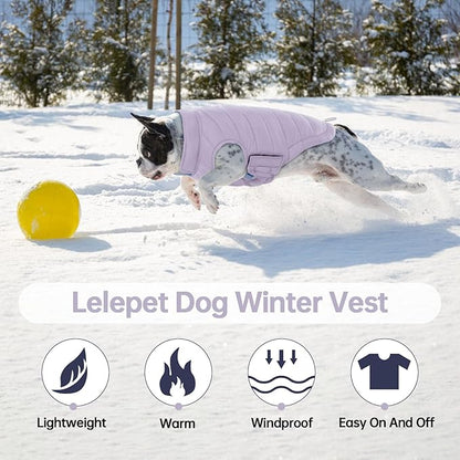 Lelepet Reversible Dog Coat Waterproof Dog Jacket Windproof Puffer Vest for Winter Warm Lightweight Coats for Small Dogs Adjustbale Hook & Loop Pet Apparel with Leash Hole, Pug, Purple, M
