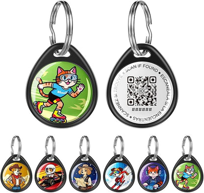 QR Code Dog Tag and Cat Tag, Scan to Reunite Faster, Waterproof and Durable, Lightweight and Quiet, Updatable Contact Info, with Eye-Catching Pet Character Design, Black-Skater Kitty