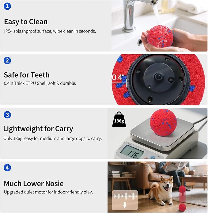 SCHITEC Smart Interactive Dog Toy Ball – Automatic Moving & Bouncing Balls for Large Dogs, Rechargeable Motorized Dog Ball, Stimulating Pet Toy for Active & Bored Medium Large Dogs (Red)