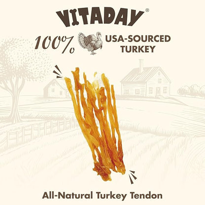 VITADAY Turkey Tendons for Dogs, All Natural, Healthy Dog Treats, Long Lasting, Hypoallergenic Dog Chews, Rawhide Free, USA-Sourced, for Small Dogs, Strips, 3 oz Pack