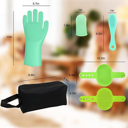 7-Piece Pet Grooming Kit with Storage Bag | Portable Bathing Set for Dogs & Cats | Includes Silicone Gloves, Deshedding Brushes & Finger Toothbrushes | All-in-One Pet Care (Sage Green)