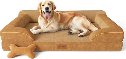 CWAWZ Extra Large Dog Bed, Orthopedic Dog Beds with Cooling Gel Memory Foam, Waterproof XL Pet Bed with Removable Washable Cover, 42" Pet Sofa Couch Dutch Velvet with Bone Toy, Brown