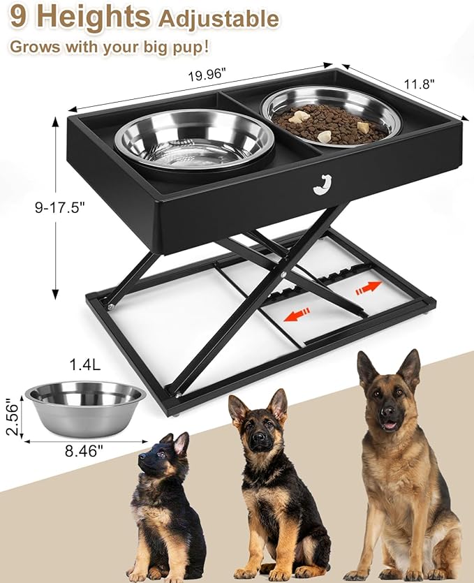 Taglory Metal Elevated Dog Bowls Stand for Large Breeds, 9 Height-Adjustable Raised Dog Bowl with 2 Stainless Steel Bowls(6 Cup), Anti-Slip Pads, 9" to 17.5", Black