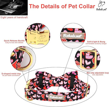 Valentines Dog Collar with Bow Tie,Colorful Love Heart Valentine Dog Collars with Safety Metal Buckle Adjustable Puppy Collars for Small Medium Large Boy & Girl Dogs S