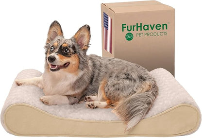 Furhaven Cooling Gel Dog Bed for Medium/Small Dogs w/ Removable Washable Cover, For Dogs Up to 23 lbs - Ultra Plush Faux Fur & Suede Luxe Lounger Contour Mattress - Cream, Medium