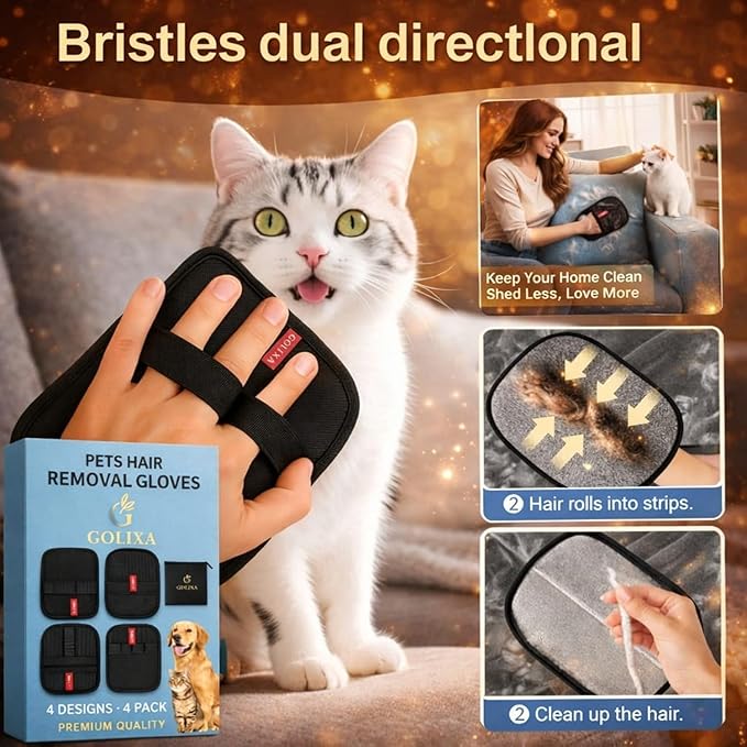 4+1 Pack Pet Hair Remover Glove for Cats and Dogs, 4 Designs Electrostatic Pet Hair Removal Gloves Brush for Pets Hair, Best Animal Reusable Cats & Dogs Grooming Gloves for Hair Removal