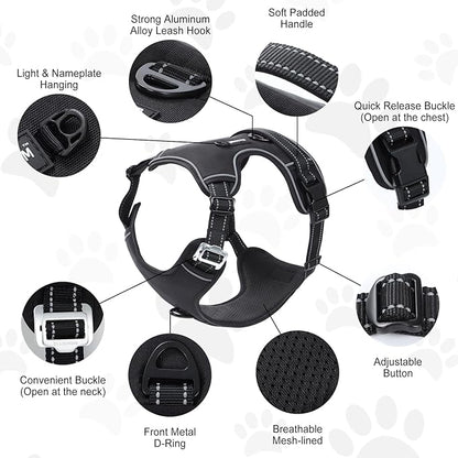 No Pull Dog Harness with 3 Snap Buckles,No Choke Front Lead pet Harness Reflective and Adjustable Soft Padded Vest for Small Medium Large Dog (Black, Small)