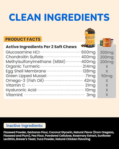 Glucosamine for Dogs 260Ct Chews - 23oz Hip and Joint Supplement Chews for Dogs, Chondroitin Joint Supplement for Dog Joint, USA Lab Formula with Probiotics, Natural Support for Dogs