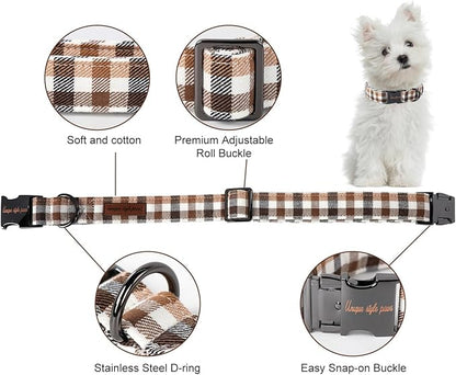 Unique style paws Dog Collar Metal Buckle Gift for Small Medium Large Boys Girls Dogs, brown plaid, XS