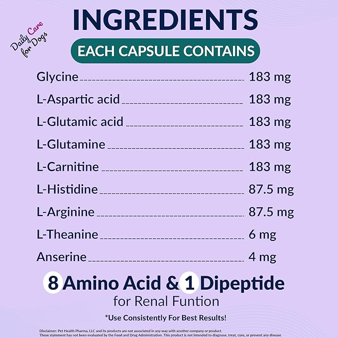 Aminodyl™ Kidney Support Supplement 1100mg for Dogs - Supports Natural Kidney Function with Amino Vastly Promotes Health, Wellbeing & Vitality of Kidneys 120 Sprinkle Capsules. Made in U.S.A