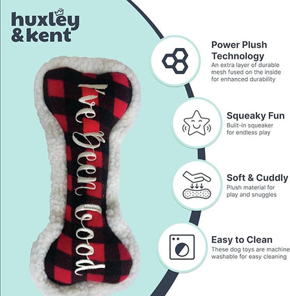 Huxley & Kent Funny Dog Toy w/Squeaker – Holiday Power Plush Squeaky Dog Toys for Small, Medium & Large Dogs – Soft Stuffed Animal for Indoor Play & Fetch - I've Been Good Bone, Large