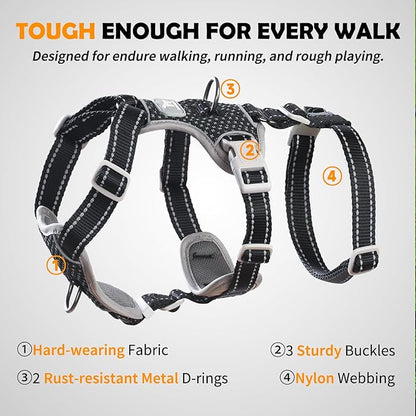 Huntboo Escape Proof Dog Harness – No Pull, No Slip, Fully Reflective, Adjustable 7-Point Design for Small, Medium, and Large Dogs – Lightweight for Outdoor Training & Hiking (Black, M)