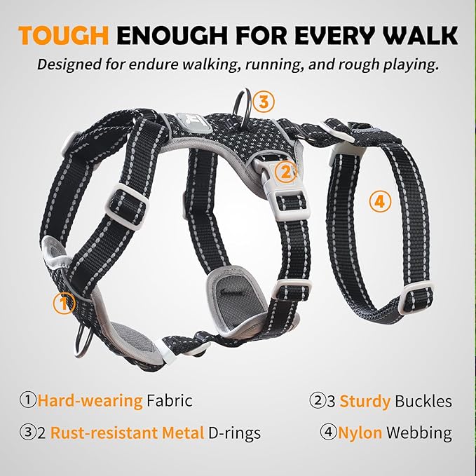 Huntboo Escape Proof Dog Harness – No Pull, No Slip, Fully Reflective, Adjustable 7-Point Design for Small, Medium, and Large Dogs – Lightweight for Outdoor Training & Hiking (Black, S)