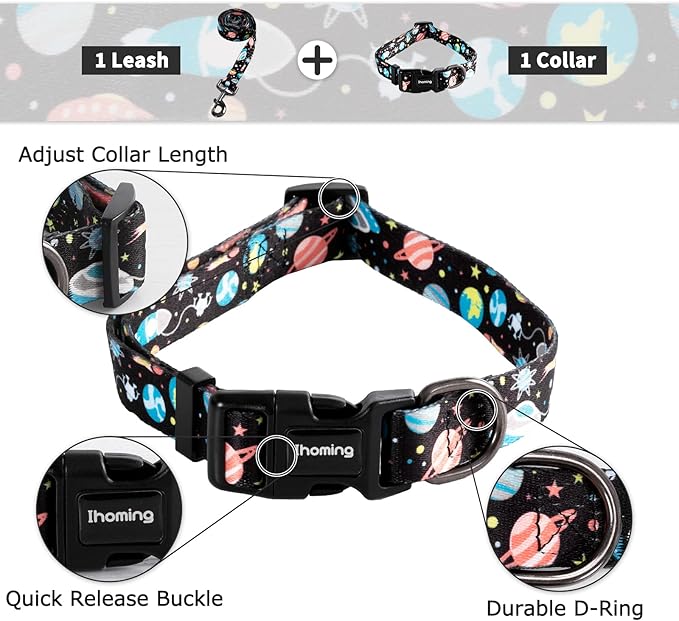 Ihoming Puppy Collar and Leash Set for Daily Outdoor Walking Running Training, Space Design for Extra Small Boys Girls Dogs Cats Pets, XS-Up to 10LBS