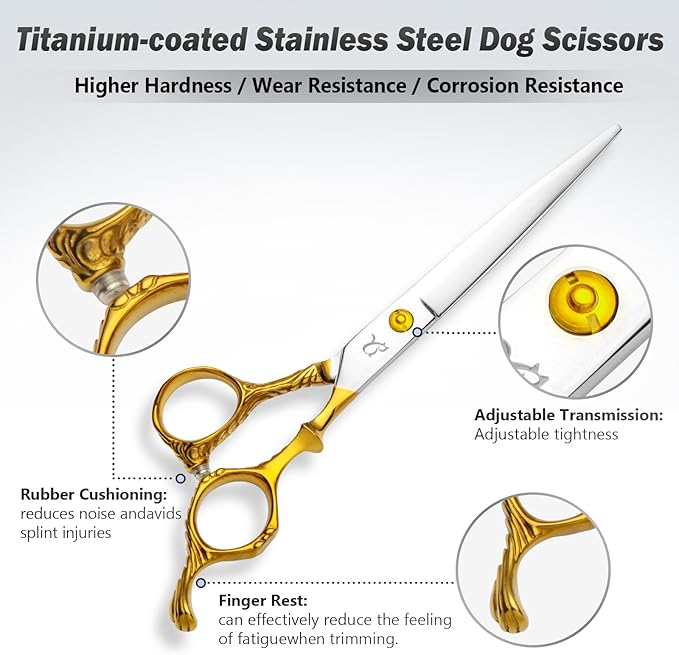 CITYWISH Dog Grooming Scissors,Chunkers Shears and Thinning Shears with Safety Round Tips, Sharp and Comfortable 4 in 1 Dog Scissors for Grooming