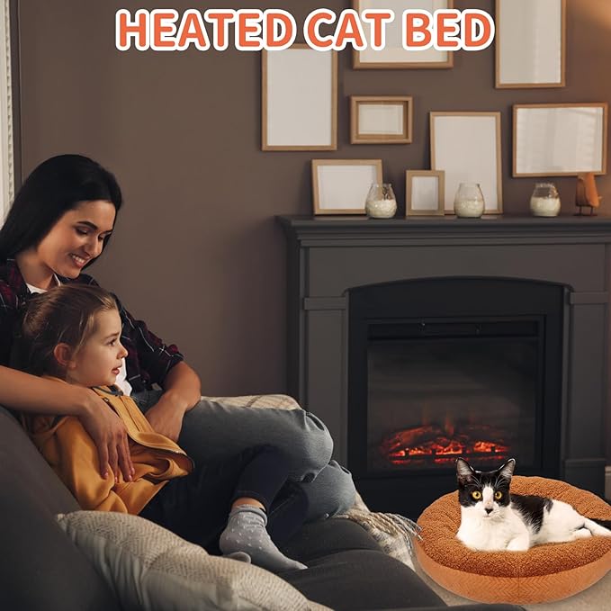 AUPETEK Heated Cat Beds for Indoor Cats Warming Cat Beds Super Soft Machine Washable Thermo Kitty Electric Heating Bed 19 Inches Round
