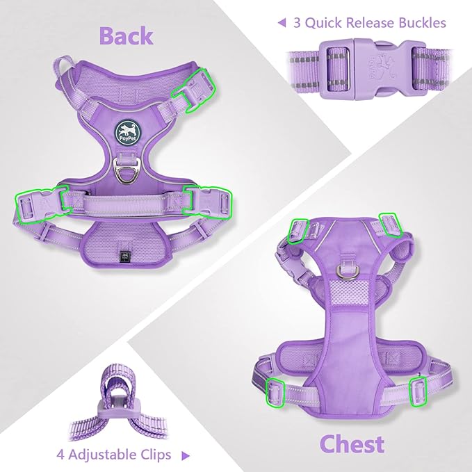 PoyPet No Pull Dog Harness, No Choke Reflective Dog Vest, Adjustable Pet Harnesses with Easy Control Padded Handle for Small Medium Large Dogs(Light Purple Matching Trim,XL)