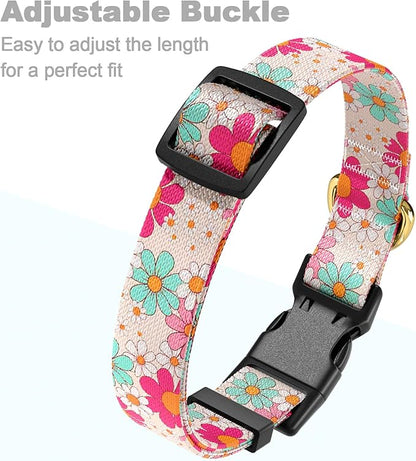 Rnivvi Dog Collar for Medium Dogs, Cute Heavy Duty Adjustable Puppy Collar with Quick Release Buckle for Girl & Female, Pet Accessories for Walking Running, M Length 1" Width, Hand Drawn Flowers