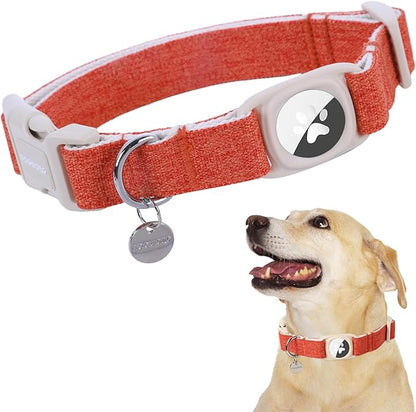 DOGWONG Airtag Cotton Hemp Dog Collar, Heavy-Duty Dog Collar with Airtag Holder Fall Orange Natural Fabric Pet Dog Collars Cute Puppy Necklace for Small Medium Large Dogs