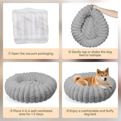 Donut Dog and Cat Bed, Luxurious Comfortable Faux Rabbit Fur Pet Beds, Round Anti-Anxiety Calming Puppy Kitten Bed with Anti-Slip Bottom for Small Medium Dogs & Cats(31", Grey)