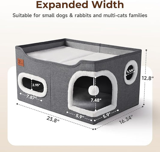 Petizer Cat House for Indoor Cats - Foldable Large Cat Bed Cave with Fluffy Ball and Scratch Pad, Cat Hideaway for Cats, Dark Grey, 23.8 x16.34 x12.8inch (Can Add Pet Heating Pad)
