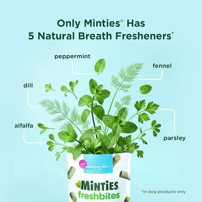 Minties FreshBites Soft and Chewy Dental Treats for Dogs, Low Calorie Natural Mint Flavored Dental Chews for Dogs, 100 Count, Chews Clean Teeth, Fight Bad Breath, and Removes Plaque and Tartar
