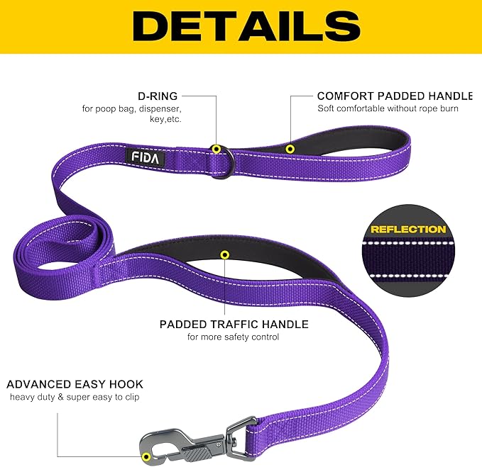 Fida 5 FT Heavy Duty Dog Leash with 2 Comfortable Padded Handles, Traffic Handle & Advanced Easy Snap Hook, Reflective Walking Lead for Large, Medium & Small Breed Dogs, Purple