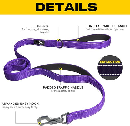 Fida 5 FT Heavy Duty Dog Leash with 2 Comfortable Padded Handles, Traffic Handle & Advanced Easy Snap Hook, Reflective Walking Lead for Large, Medium & Small Breed Dogs, Purple