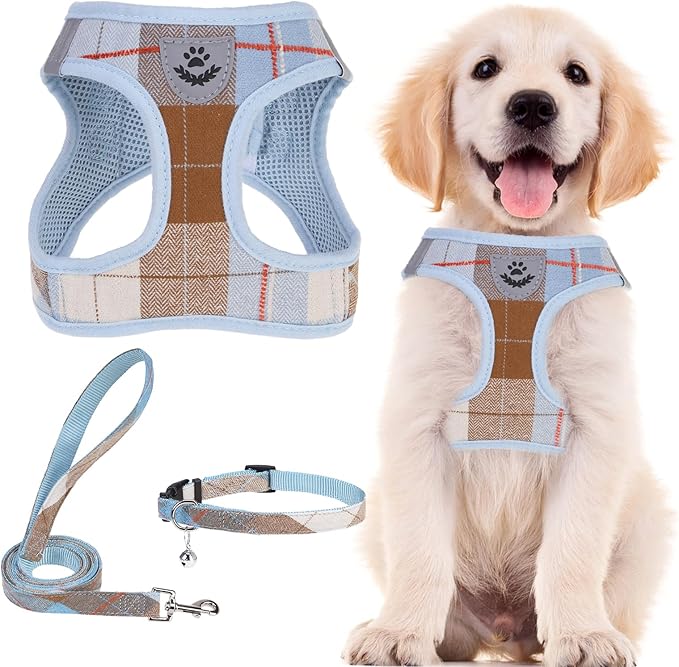 PUPTECK Adjustable Dog Harness Collar and Leash Set Step in No Pull Pet Harness for Small Medium Dogs Puppy and Cats Outdoor Walking Running, Soft Mesh Padded Reflective Vest Harnesses, BlueBrown M