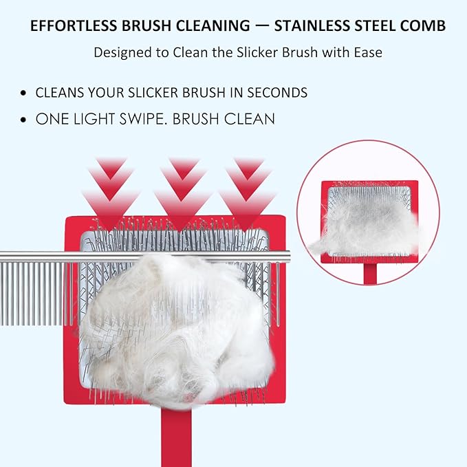 Dog Slicker Brush & Stainless Steel Comb Set for Shedding & Grooming Medium & Large Long or Thick Coated Dogs, Doodles & Cats, 1 Inch Pin Slicker Brush with Ergonomic Wooden Handle, Red