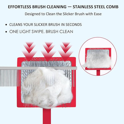 Dog Slicker Brush & Stainless Steel Comb Set for Shedding & Grooming Medium & Large Long or Thick Coated Dogs, Doodles & Cats, 1 Inch Pin Slicker Brush with Ergonomic Wooden Handle, Red
