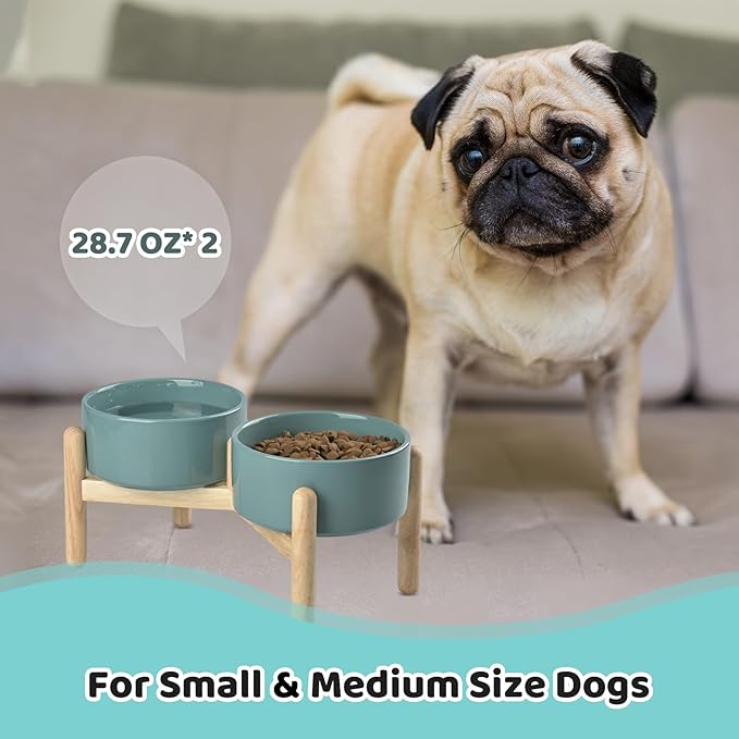 SPUNKYJUNKY Ceramics Raised Dog Bowls with Wooden Stand - Elevated Dog Feeding Set (Double 28.7OZ, Dark Green)
